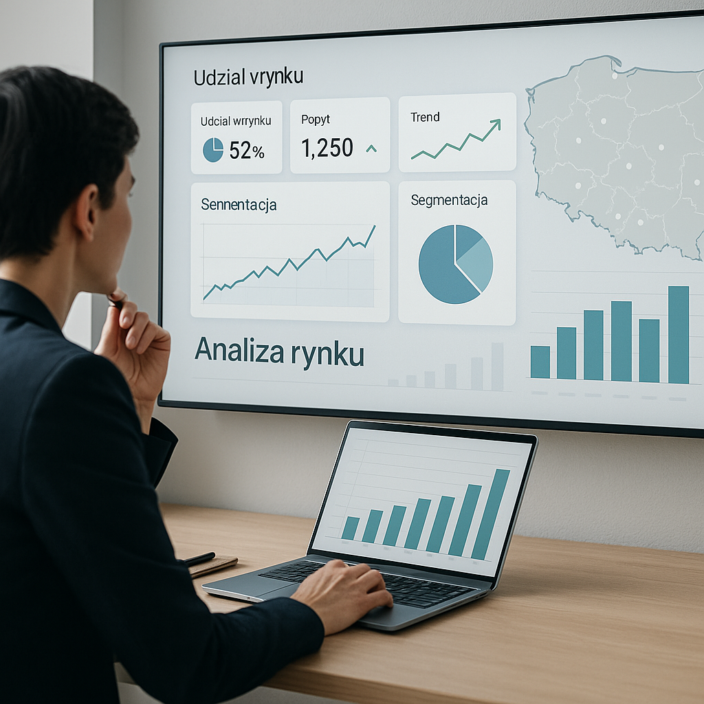 Prezentacja „Analiza rynku” na ekranie z wykresami i mapą Polski w nowoczesnym biurze