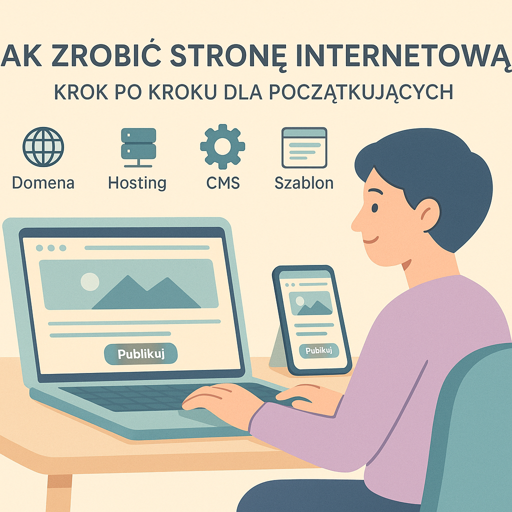 Ilustracja: jak zrobić stronę internetową – laptop, przeglądarka i lista kroków (domena, hosting, CMS, szablon).