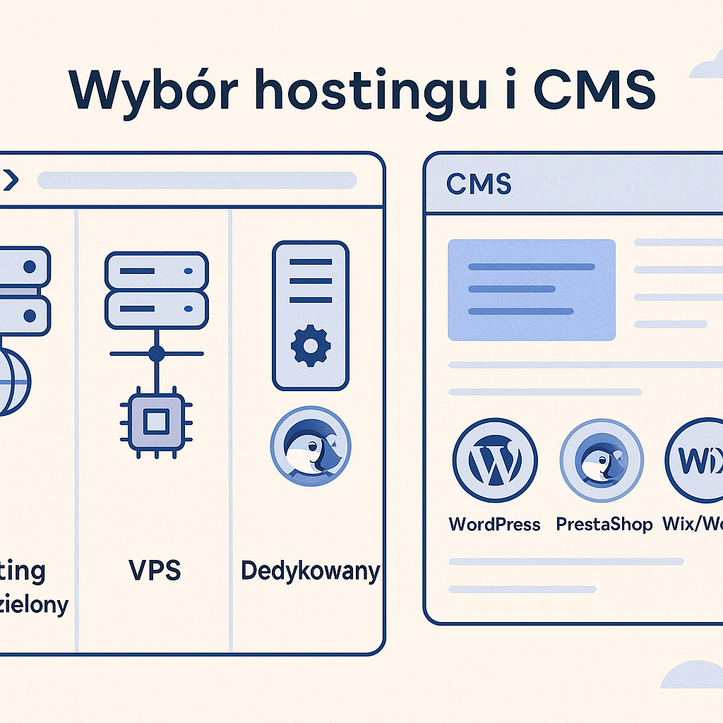 Infografika: wybór hostingu (współdzielony, VPS, dedykowany) i CMS (WordPress, PrestaShop, Wix/WebWave).