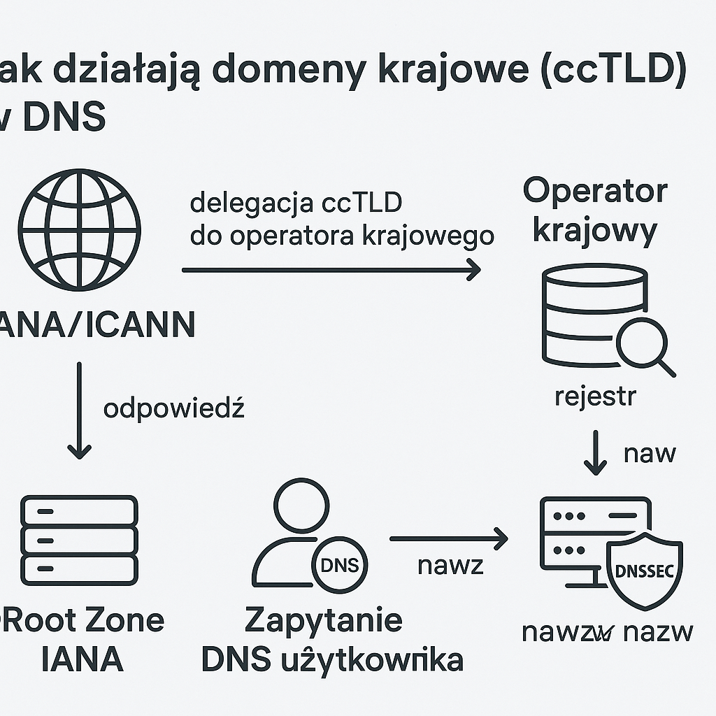 Schemat działania domen krajowych (ccTLD) w DNS – delegacja IANA, operator krajowy, zapytanie użytkownika.