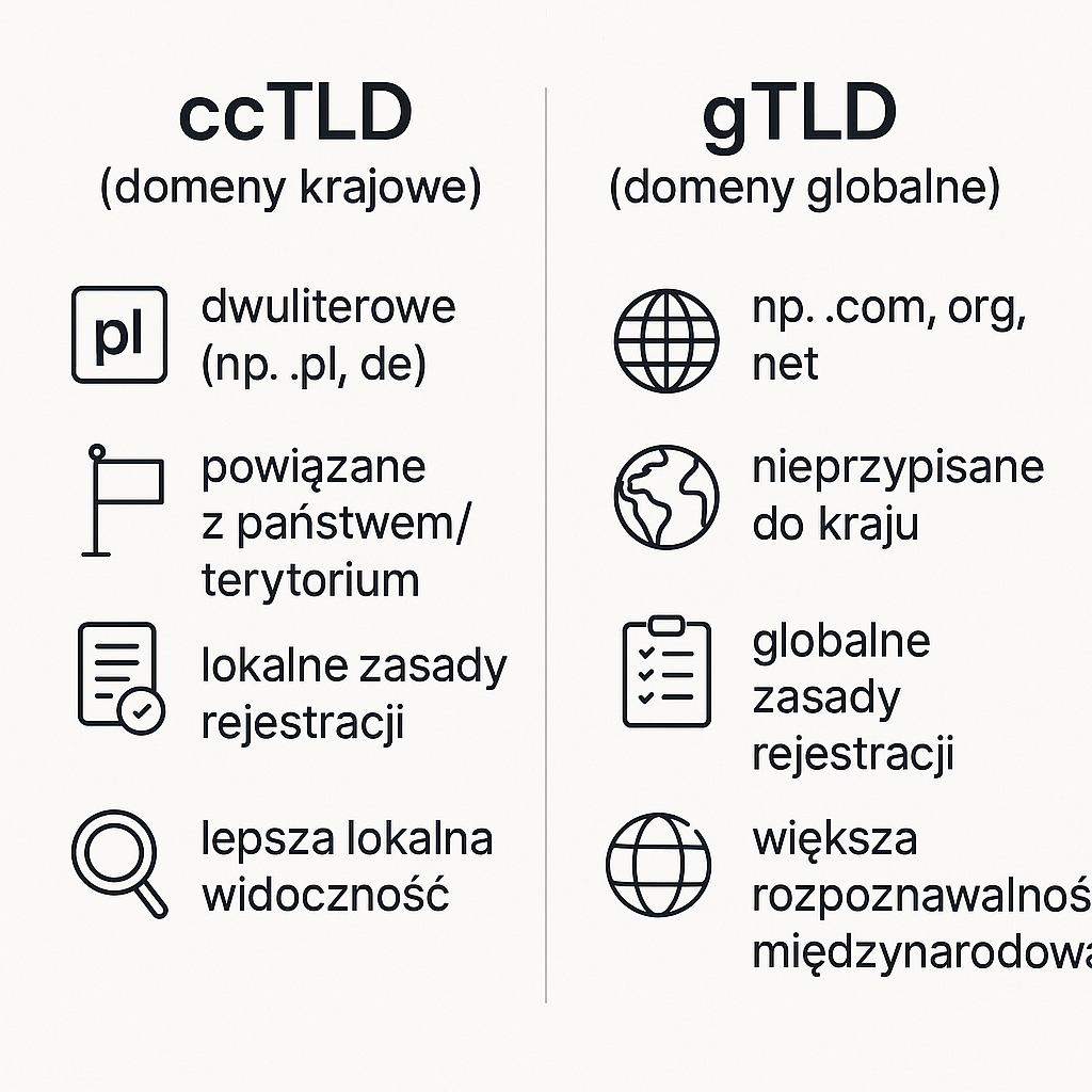 Porównanie ccTLD vs gTLD – kluczowe różnice i przykłady.