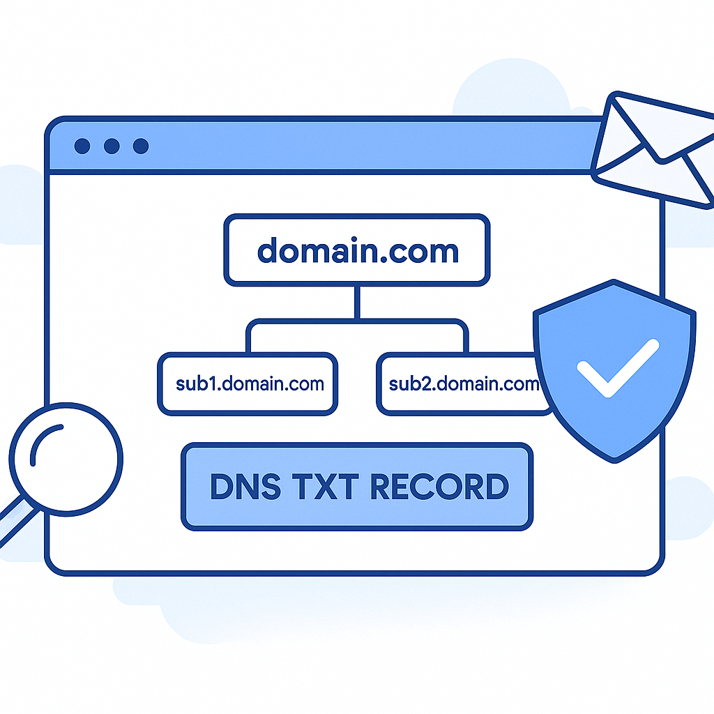 Ilustracja: weryfikacja domeny w Google Search Console i Google Workspace – DNS TXT, tarcza i koperta (hero).