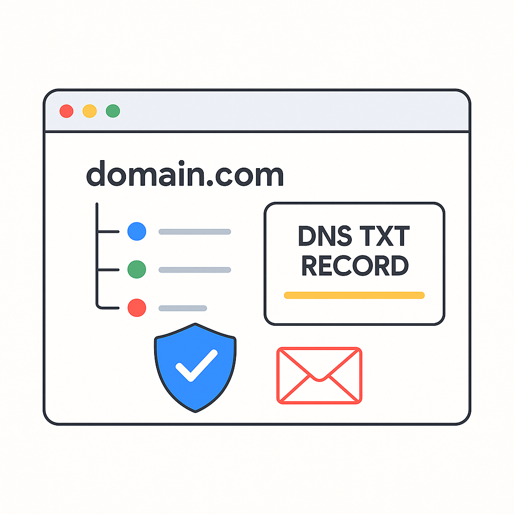 Schemat weryfikacji domeny w GSC: przeglądarka z rekordem DNS TXT oraz ikony GSC i Google Workspace.
