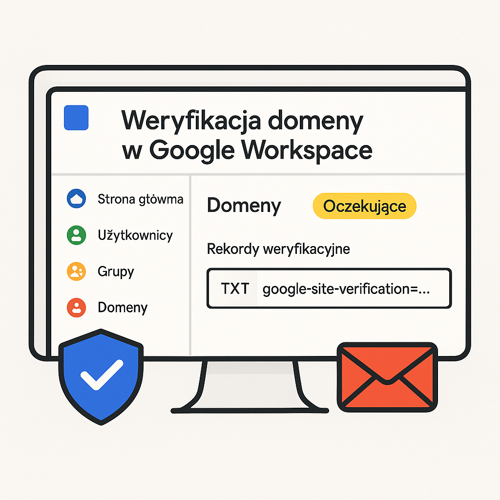 Google Workspace – weryfikacja domeny przez rekord TXT w DNS w Admin Console.