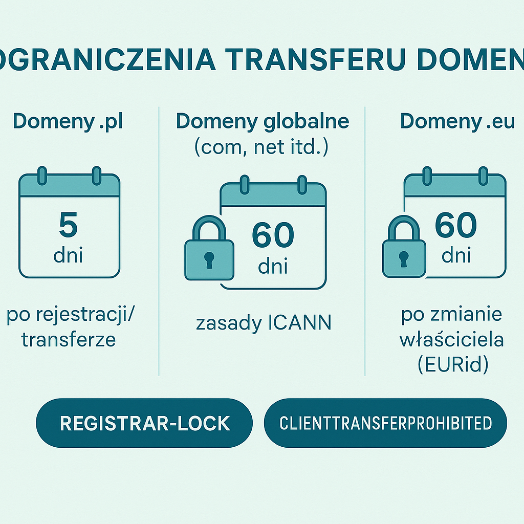 Infografika: ograniczenia transferu domen (.pl 5 dni, globalne 60 dni zgodnie z ICANN, .eu 60 dni po zmianie właściciela) oraz statusy blokujące REGISTRAR-LOCK i CLIENTTRANSFERPROHIBITED