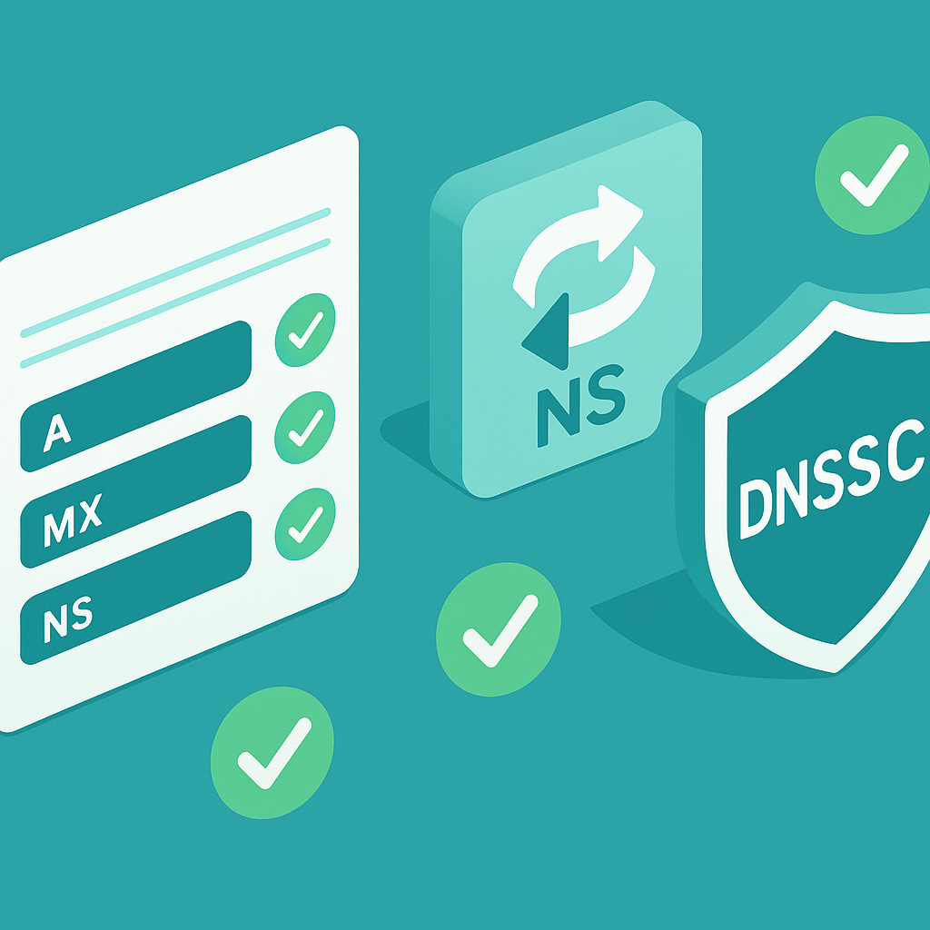 Ilustracja konfiguracji po transferze: rekordy DNS i MX, serwery nazw oraz ochrona DNSSEC – lista kontrolna po przeniesieniu domeny