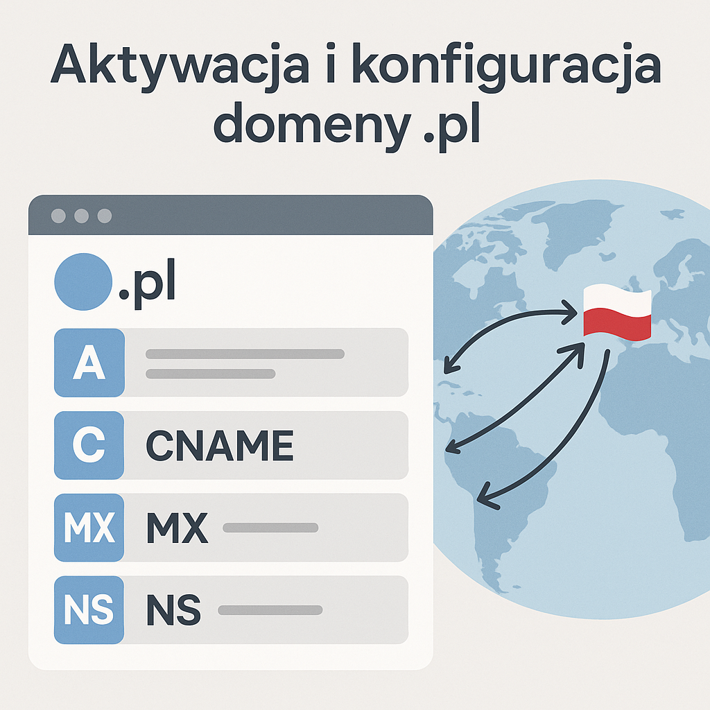 Konfiguracja DNS domeny .pl – panel ustawień z rekordami A, CNAME, MX i NS oraz propagacja do 24 godzin.